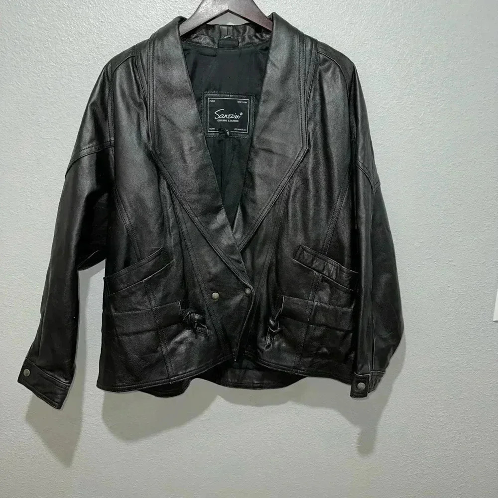 Women's Vintage Sanzzini Genuine Leather Jacket XL Black Made in India Biker